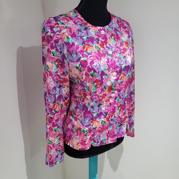 Liz Claiborne Petites Women's Vintage Floral Print Long Sleeve Blouse 6P Pink - Picture 2 of 9